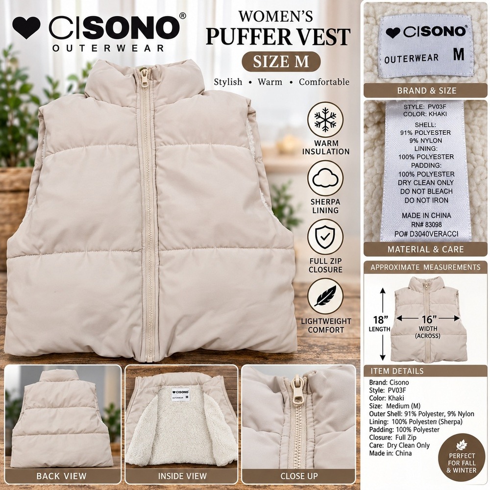 Ci Sono Outerwear Womens Khaki Puffer Vest Sherpa Lined Full Zip PV03F Medium